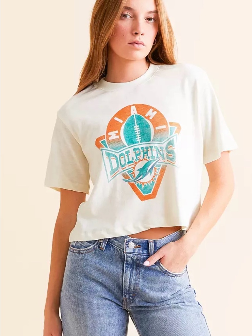 Junk Food Clothing Cream Miami Dolphins Graphic Crop Tee with Teal & Orange Logo